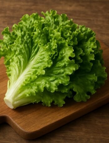 Cespo di lattuga verde fresca appoggiato su un tagliere di legno