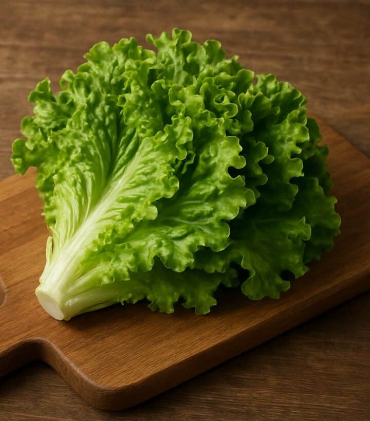 Cespo di lattuga verde fresca appoggiato su un tagliere di legno