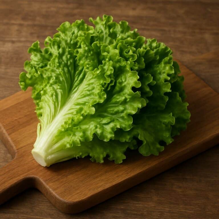 Cespo di lattuga verde fresca appoggiato su un tagliere di legno
