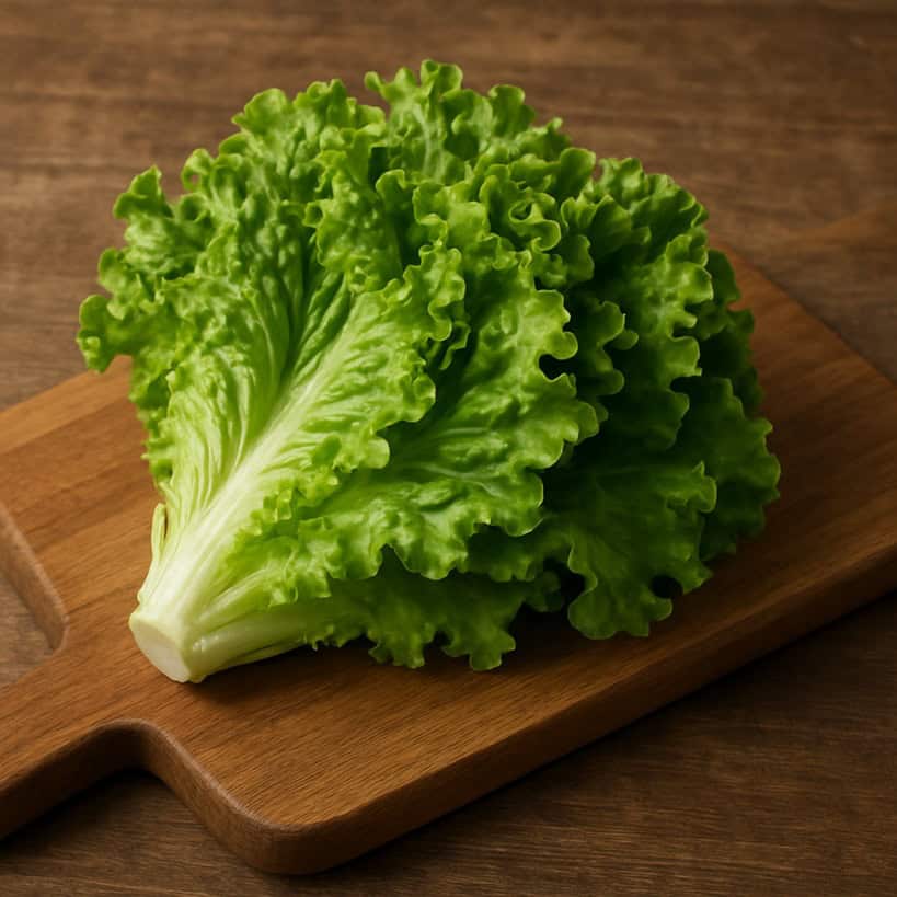 Cespo di lattuga verde fresca appoggiato su un tagliere di legno