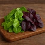 Foglie fresche di lattughino verde chiaro e rosso scuro sistemate su un tagliere di legno naturale