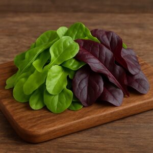 Foglie fresche di lattughino verde chiaro e rosso scuro sistemate su un tagliere di legno naturale