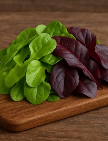 Foglie fresche di lattughino verde chiaro e rosso scuro sistemate su un tagliere di legno naturale