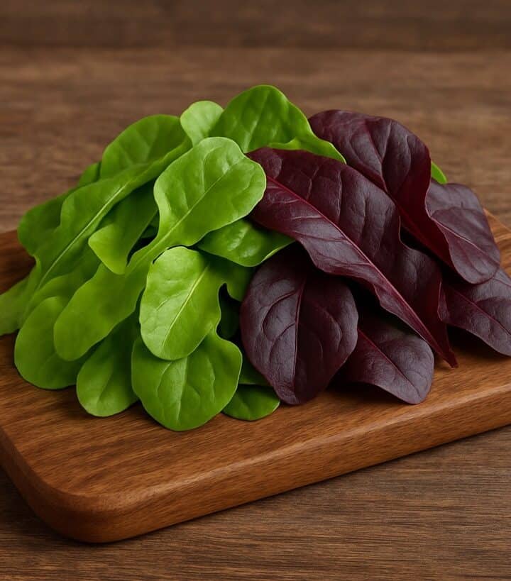 Foglie fresche di lattughino verde chiaro e rosso scuro sistemate su un tagliere di legno naturale
