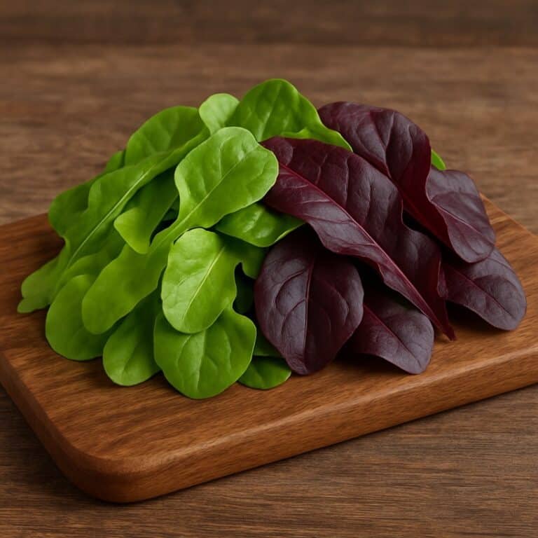 Foglie fresche di lattughino verde chiaro e rosso scuro sistemate su un tagliere di legno naturale