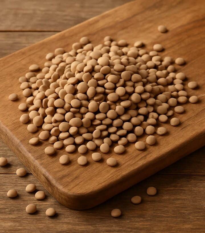 Mucchio di lenticchie secche color marrone chiaro sparse su un tagliere rustico di legno