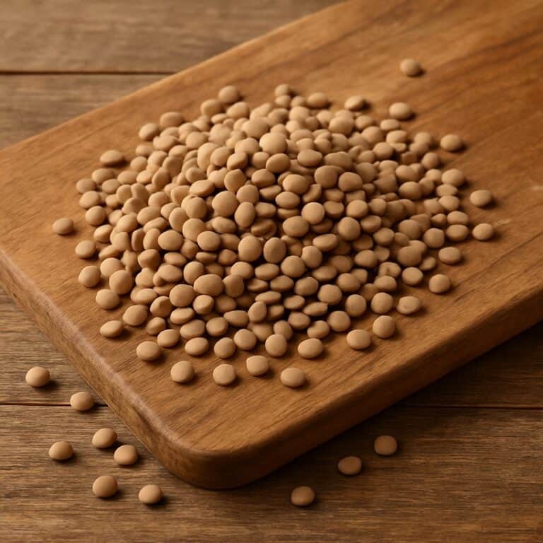Mucchio di lenticchie secche color marrone chiaro sparse su un tagliere rustico di legno