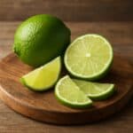 Un lime verde intero e alcune fette disposte su un tagliere rotondo di legno naturale