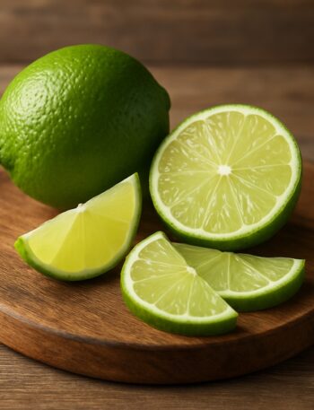 Un lime verde intero e alcune fette disposte su un tagliere rotondo di legno naturale