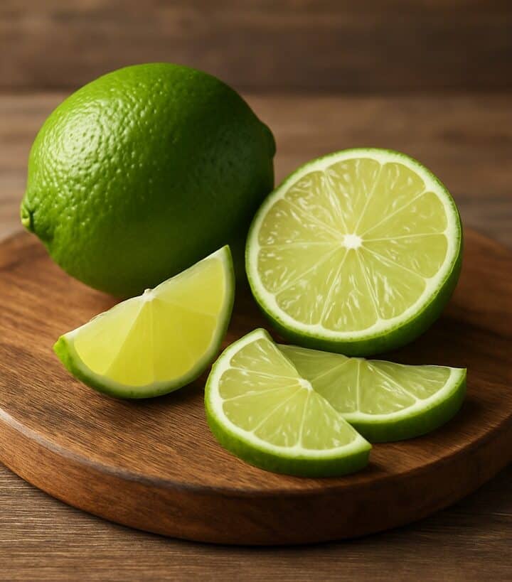 Un lime verde intero e alcune fette disposte su un tagliere rotondo di legno naturale