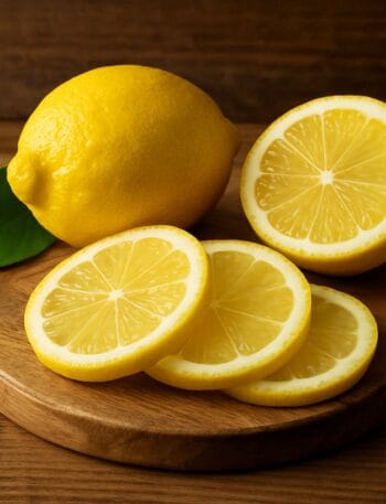Limoni gialli interi e alcune fette sovrapposte su un tagliere di legno naturale