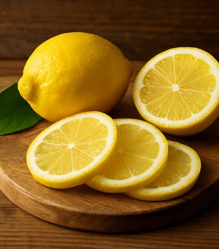 Limoni gialli interi e alcune fette sovrapposte su un tagliere di legno naturale