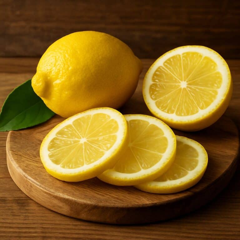 Limoni gialli interi e alcune fette sovrapposte su un tagliere di legno naturale