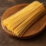 Linguine crude disposte ordinatamente su un tagliere rotondo in legno naturale