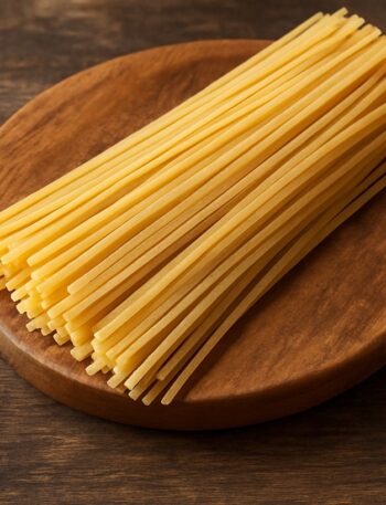Linguine crude disposte ordinatamente su un tagliere rotondo in legno naturale