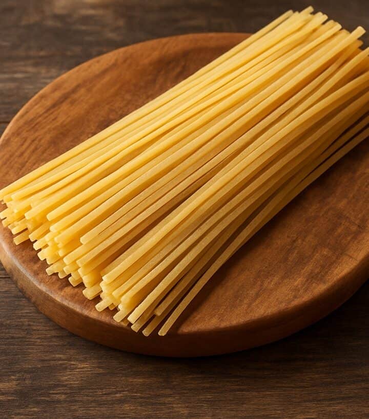 Linguine crude disposte ordinatamente su un tagliere rotondo in legno naturale