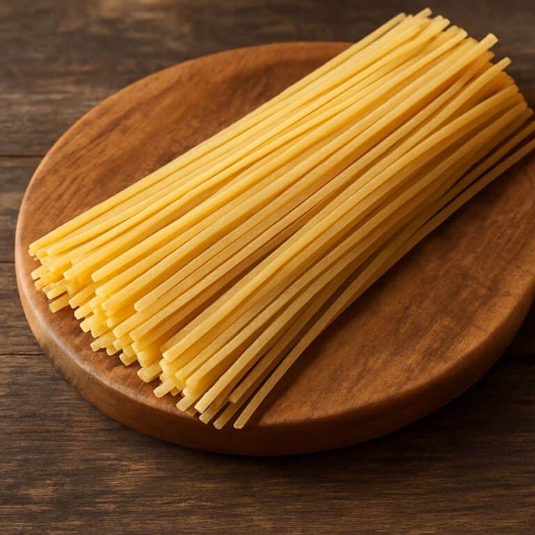 Linguine crude disposte ordinatamente su un tagliere rotondo in legno naturale