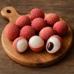 Litchi interi e aperti che mostrano la polpa bianca e il seme su tagliere rotondo di legno naturale
