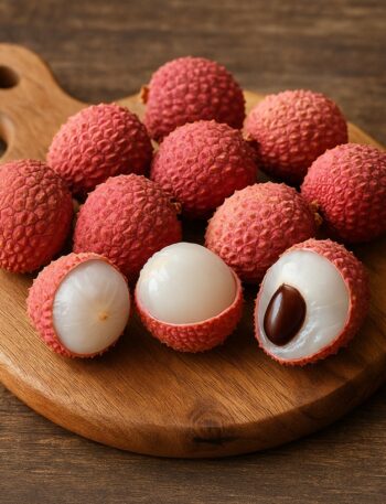 Litchi interi e aperti che mostrano la polpa bianca e il seme su tagliere rotondo di legno naturale