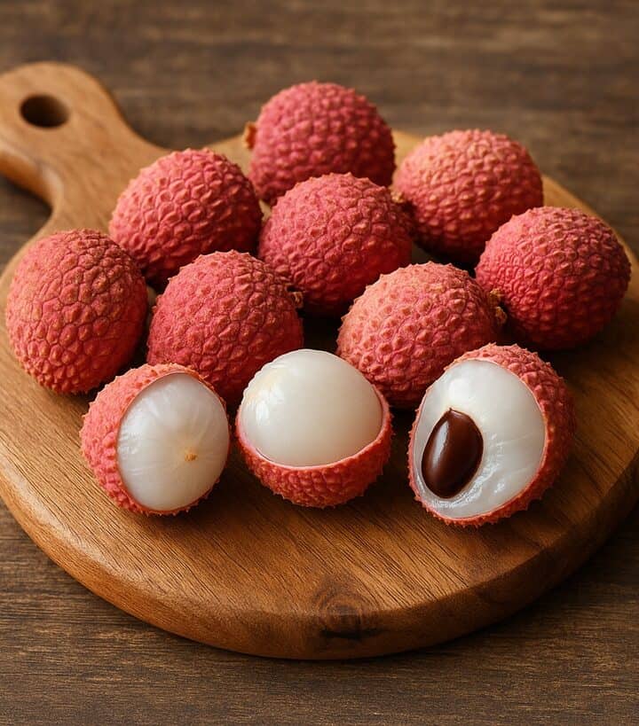 Litchi interi e aperti che mostrano la polpa bianca e il seme su tagliere rotondo di legno naturale