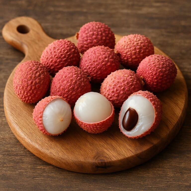 Litchi interi e aperti che mostrano la polpa bianca e il seme su tagliere rotondo di legno naturale