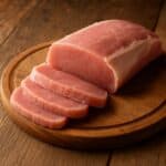 Lonza di maiale cruda intera su tagliere rotondo di legno naturale