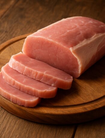Lonza di maiale cruda intera su tagliere rotondo di legno naturale