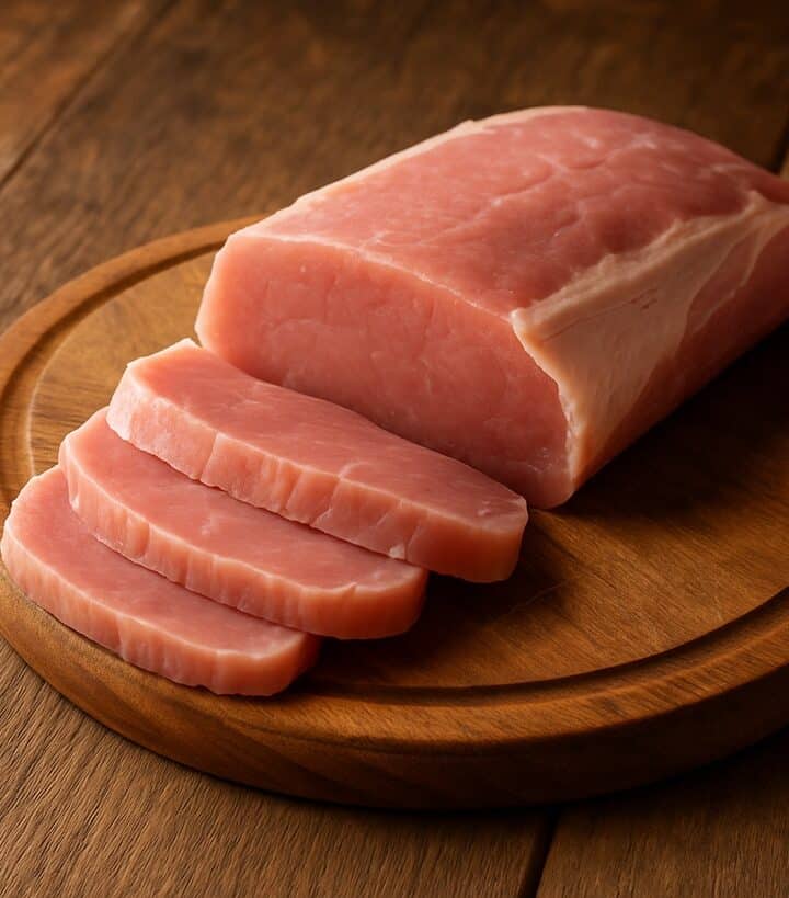Lonza di maiale cruda intera su tagliere rotondo di legno naturale