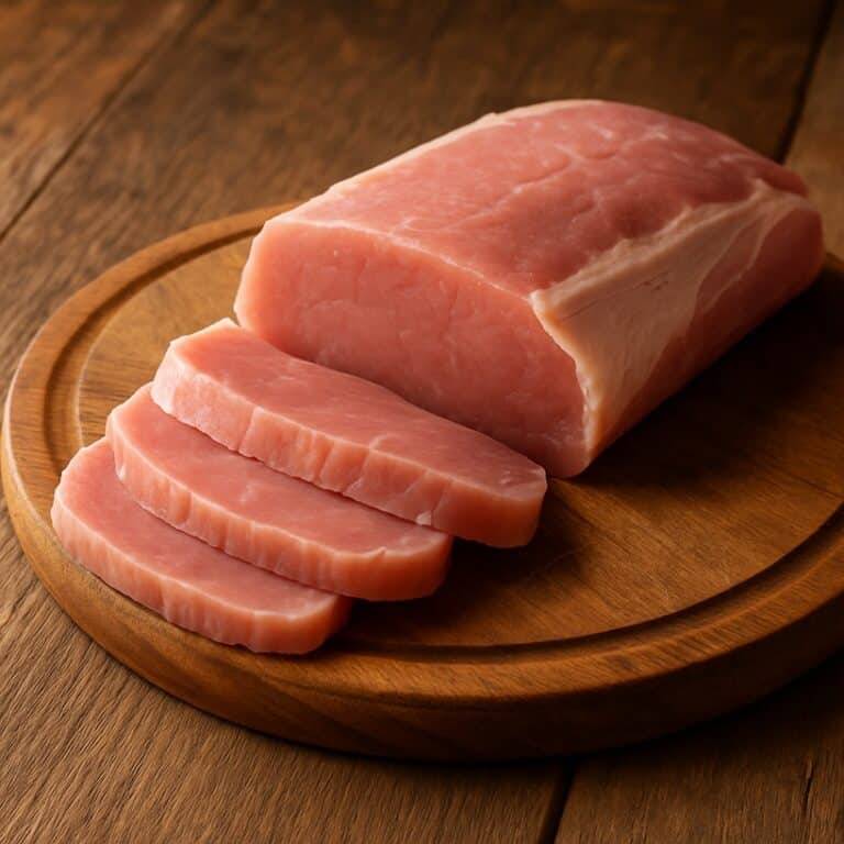 Lonza di maiale cruda intera su tagliere rotondo di legno naturale