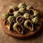 Lumache di mare fresche disposte su un tagliere rotondo in legno naturale