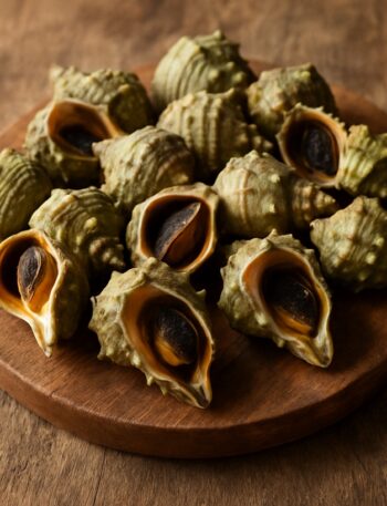 Lumache di mare fresche disposte su un tagliere rotondo in legno naturale