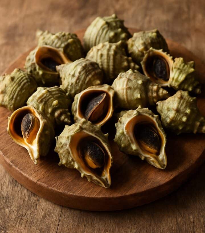 Lumache di mare fresche disposte su un tagliere rotondo in legno naturale