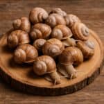 Lumache di terra fresche ammucchiate su un tagliere rotondo di legno naturale