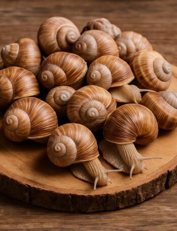Lumache di terra fresche ammucchiate su un tagliere rotondo di legno naturale
