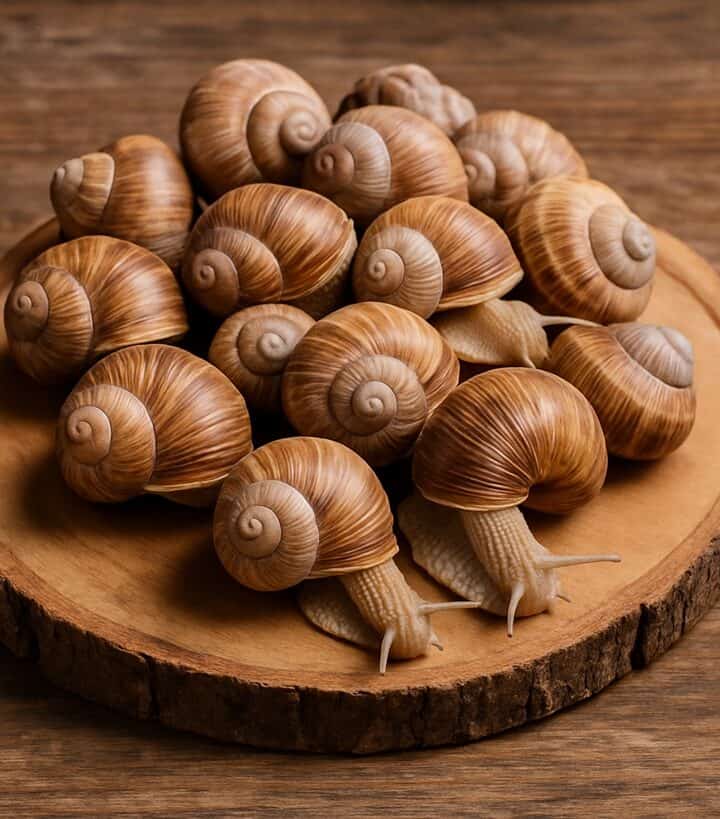 Lumache di terra fresche ammucchiate su un tagliere rotondo di legno naturale