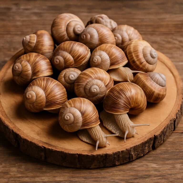 Lumache di terra fresche ammucchiate su un tagliere rotondo di legno naturale
