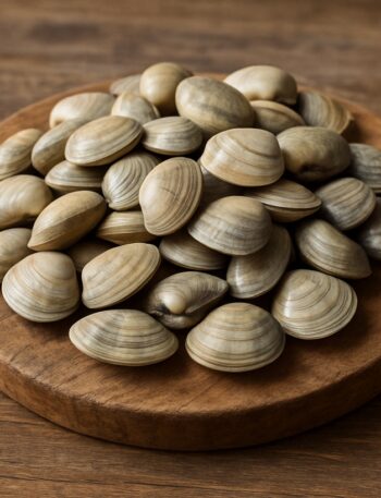 Pila di lupini di mare freschi con guscio beige su tagliere rotondo di legno naturale