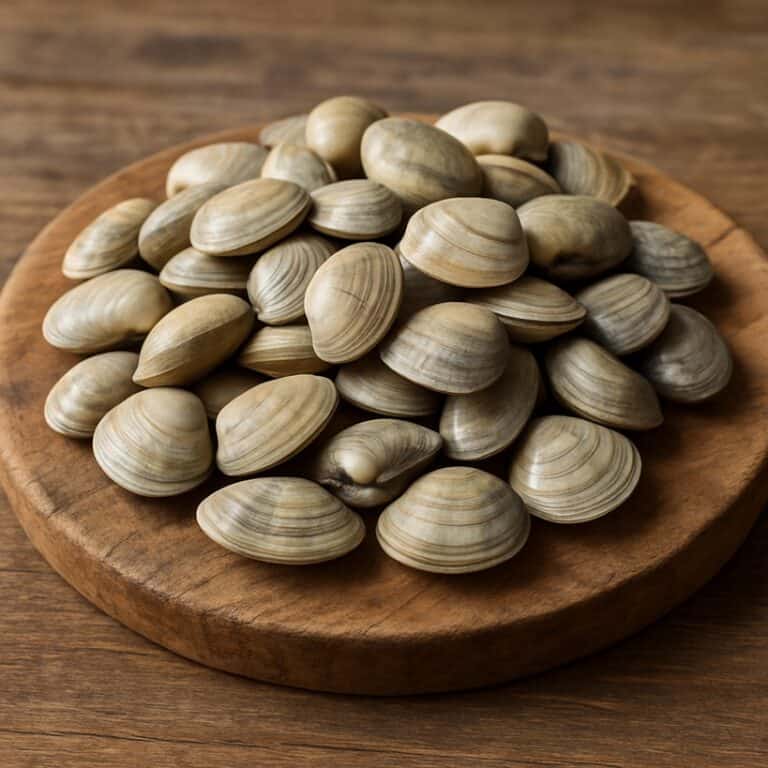 Pila di lupini di mare freschi con guscio beige su tagliere rotondo di legno naturale
