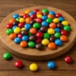 M&M’s multicolori sparsi su tagliere rotondo di legno naturale
