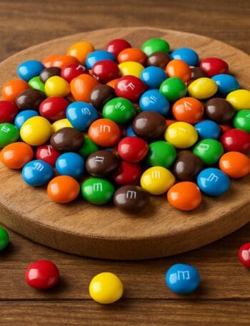 M&M’s multicolori sparsi su tagliere rotondo di legno naturale
