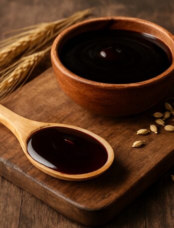 Malto liquido di colore ambrato scuro in una ciotola di legno e cucchiaio, con chicchi d’orzo e spighe su tagliere