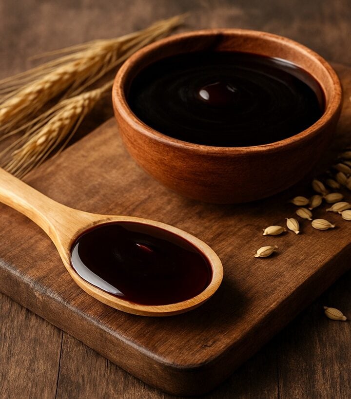 Malto liquido di colore ambrato scuro in una ciotola di legno e cucchiaio, con chicchi d’orzo e spighe su tagliere