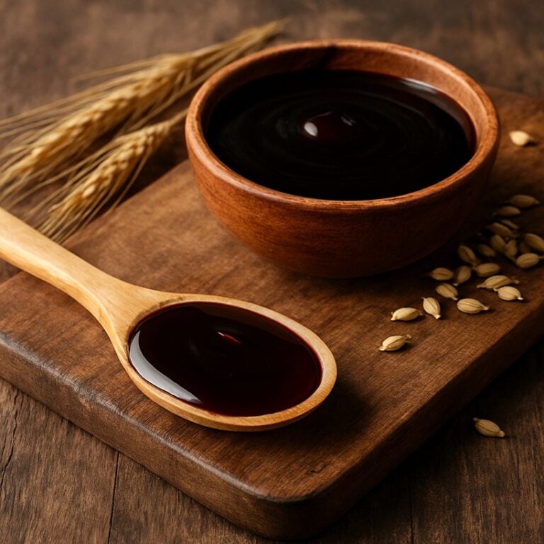 Malto liquido di colore ambrato scuro in una ciotola di legno e cucchiaio, con chicchi d’orzo e spighe su tagliere
