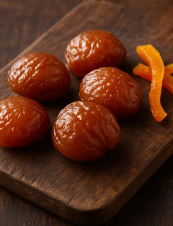 Cinque marron glacé lucidi disposti su tagliere rustico in legno con scorze d’arancia candita