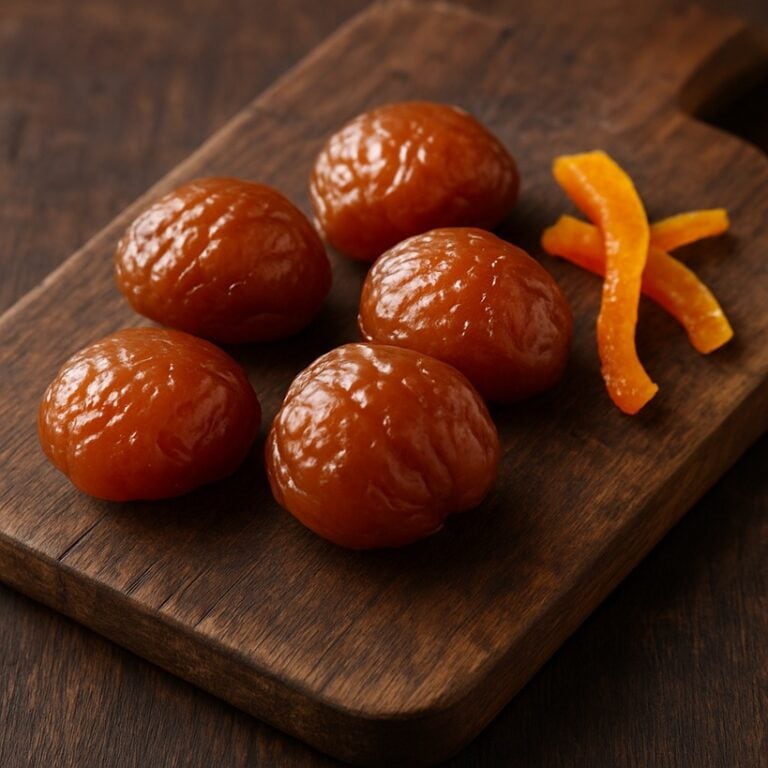 Cinque marron glacé lucidi disposti su tagliere rustico in legno con scorze d’arancia candita