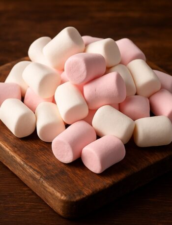 Marshmallows cilindrici bianchi e rosa su tagliere rustico in legno scuro