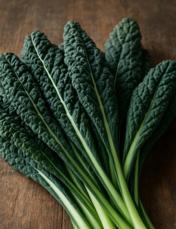 Foglie di cavolo nero intere e arricciate disposte su un piano in legno grezzo