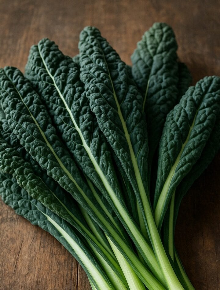 Foglie di cavolo nero intere e arricciate disposte su un piano in legno grezzo