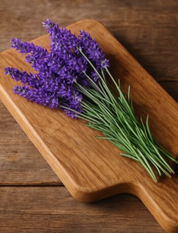 Fiori di lavanda viola posati su un tagliere rustico in legno naturale