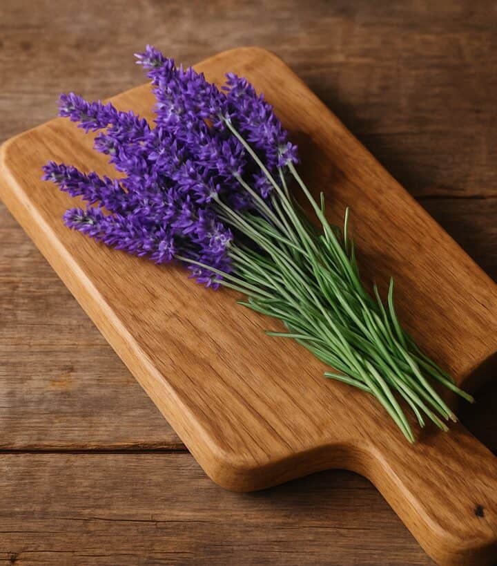 Fiori di lavanda viola posati su un tagliere rustico in legno naturale